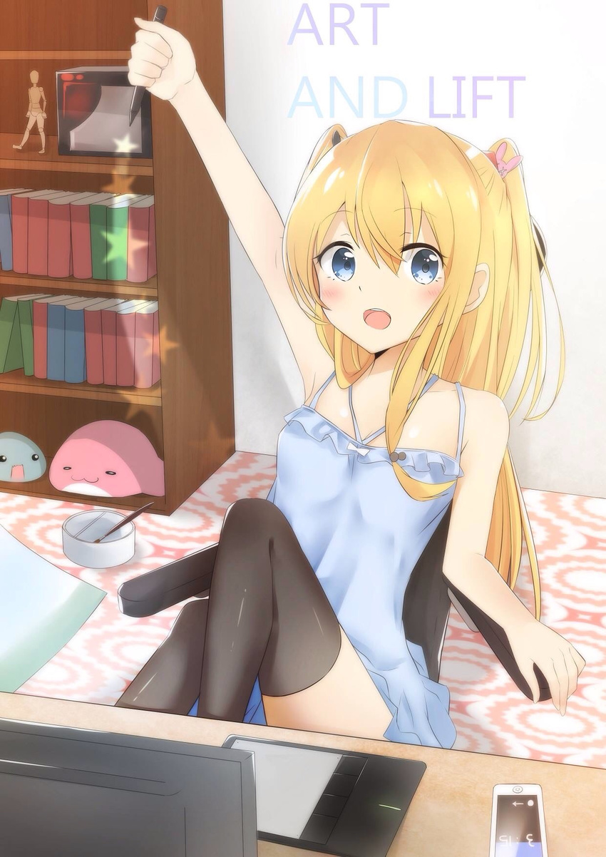 28aarts arm_up bad_id bad_pixiv_id bare_arms bare_shoulders black_legwear blonde_hair blue_dress blue_eyes cellphone commentary dress hair_between_eyes hair_over_shoulder highres indoors long_hair looking_at_viewer open_mouth original phone sitting sketch smartphone solo