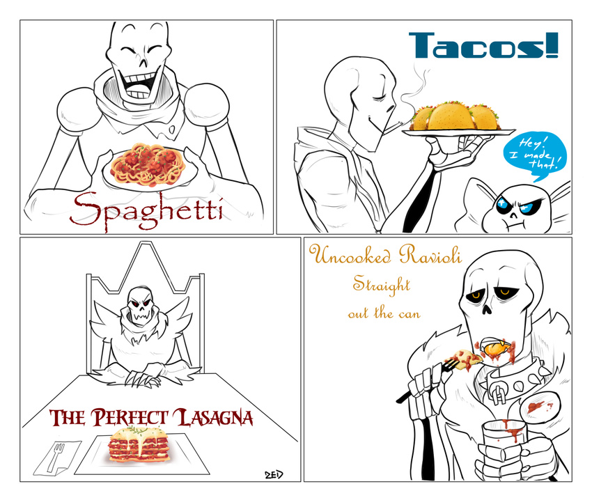 animated_skeleton bone cigarette clothing collar dialogue english_text food lasagna papyrus_(undertale) pasta ravioli sans_(undertale) skeleton smile smoking spaghetti swapfell taco text undead underfell underswap undertale video_games