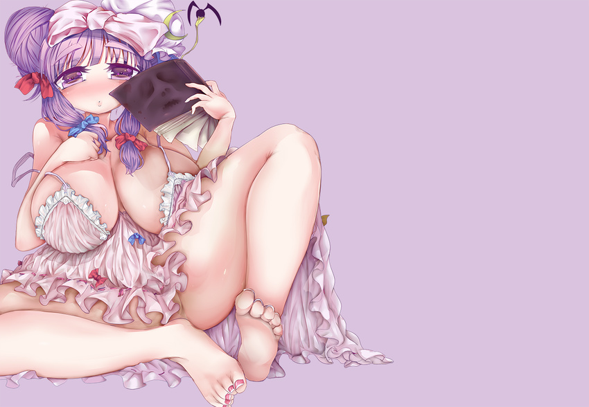 1girl amii bare_shoulders barefoot blush book breasts cleavage feet female hair_bun huge_breasts looking_at_viewer nail_polish nightgown no_panties patchouli_knowledge plump purple_eyes purple_hair simple_background sitting soles solo spread_legs the_embodiment_of_scarlet_devil thick_thighs toenail_polish toes