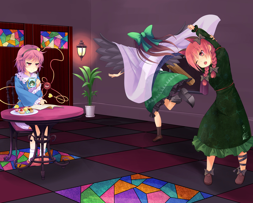 animal_ears arm_cannon arm_up bad_id bad_pixiv_id black_wings blush book bow braid brown_hair cape cat_ears chair commentary_request dress extra_ears eyeball food green_dress hair_bow hair_ornament hair_ribbon hairband head_tilt heart highres indoors kaenbyou_rin komeiji_satori leg_ribbon long_hair long_sleeves looking_at_viewer multiple_girls nekomiyanono one_eye_closed open_book open_mouth pink_hair red_eyes red_hair reiuji_utsuho ribbon running shirt shoes short_hair sitting skirt slippers smile socks stained_glass stretch string third_eye touhou twin_braids weapon white_legwear wide_sleeves wings