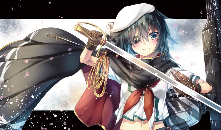 blue_eyes blue_hair brown_gloves cape cutlass_(sword) eyepatch gloves highres kantai_collection kiso_(kantai_collection) letterboxed remodel_(kantai_collection) school_uniform serafuku short_hair smile solo sword weapon yuihira_asu