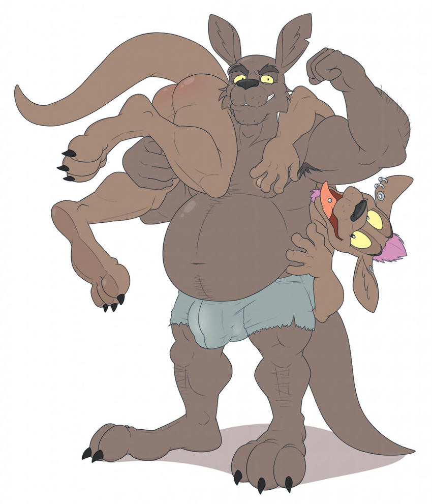 2016 age_difference anthro anti_dev armpits barefoot belly biceps black_nose brown_fur bulge butt canine clothing duo ear_piercing facial_hair father father_and_son fur gunnar gunnar's_dad hair hi_res incest jewelry kangaroo licking male male/male mammal marsupial musclegut nipples nude parent piercing pink_hair simple_background slightly_chubby son tongue tongue_out tongue_piercing underwear white_background