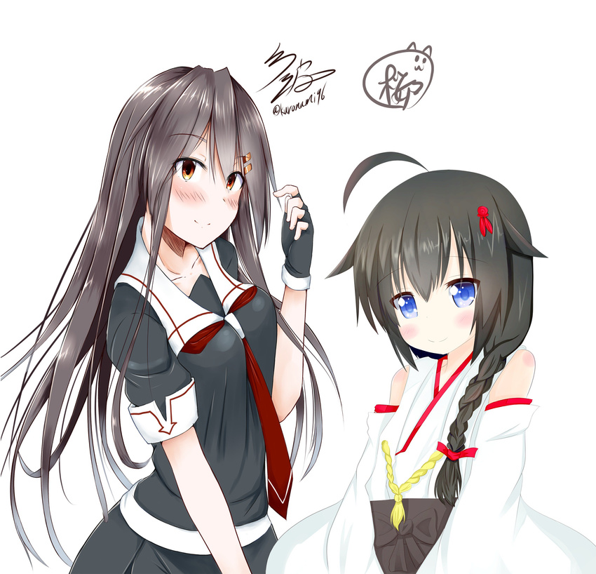 absurdres bare_shoulders black_hair black_serafuku blue_eyes braid collaboration commentary_request cosplay costume_switch detached_sleeves fingerless_gloves gloves hair_flaps hair_ornament hair_ribbon hairclip haruna_(kantai_collection) haruna_(kantai_collection)_(cosplay) height_difference highres kantai_collection long_hair looking_at_viewer multiple_girls namikawa_kuroha necktie nontraditional_miko orange_eyes pleated_skirt remodel_(kantai_collection) ribbon sakurano_aoi school_uniform serafuku shigure_(kantai_collection) shigure_(kantai_collection)_(cosplay) signature single_braid skirt twitter_username