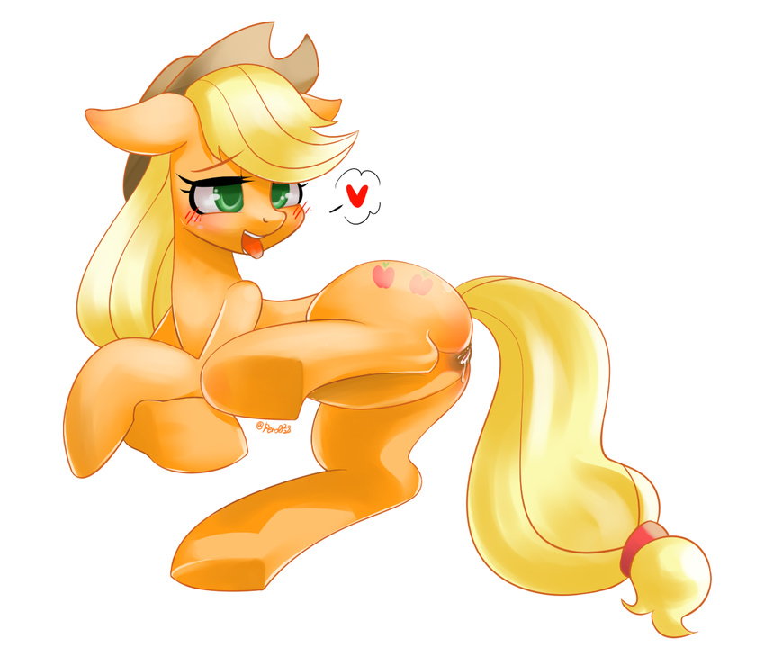 &lt;3 applejack_(mlp) blonde_hair blush cutie_mark earth_pony equine feral friendship_is_magic green_eyes hair hat horse long_hair mammal my_little_pony open_mouth pony presenting pussy pussy_juice renokim solo tongue tongue_out