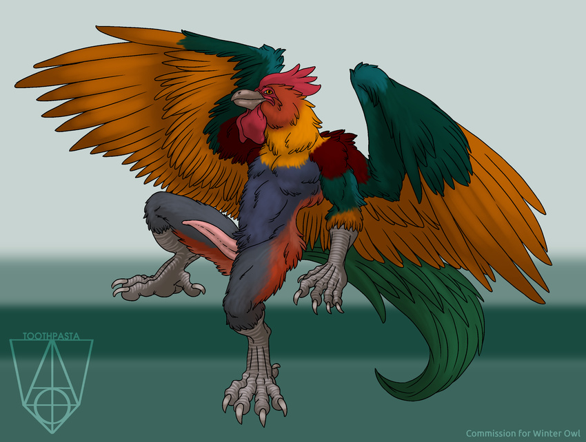 anthro avian barefoot beak bird chicken erection feathered_wings feathers male nude penis pinup pose signature sitting solo spread_wings tapering_penis toothpasta wings