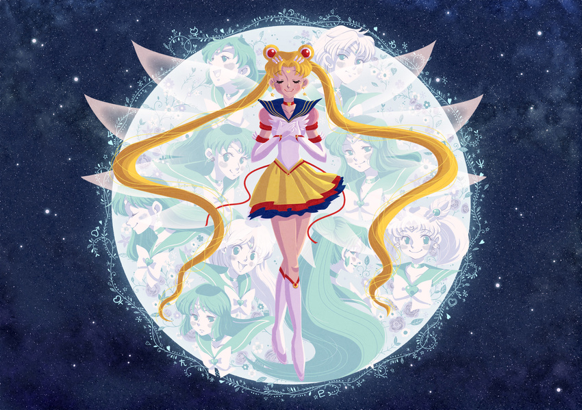 aino_minako bishoujo_senshi_sailor_moon blonde_hair blue_sailor_collar boots bow chibi_usa choker circlet closed_eyes crescent double_bun earrings elbow_gloves eternal_sailor_moon facial_mark flower forehead_mark full_body gloves hair_bow hair_bun hair_ornament hands_on_own_chest heart high_heel_boots high_heels highres hino_rei jewelry kaiou_michiru kino_makoto knee_boots lipstick makeup mascara meiou_setsuna miniskirt mizuno_ami multiple_girls nabeco_(pod_lid) open_mouth pleated_skirt ponytail red_choker rose rose_earrings sailor_chibi_moon sailor_collar sailor_jupiter sailor_mars sailor_mercury sailor_moon sailor_neptune sailor_pluto sailor_saturn sailor_senshi sailor_senshi_uniform sailor_uranus sailor_venus short_hair skirt sky smile star star_(sky) star_earrings starry_sky ten'ou_haruka tomoe_hotaru tsukino_usagi twintails white_footwear white_gloves