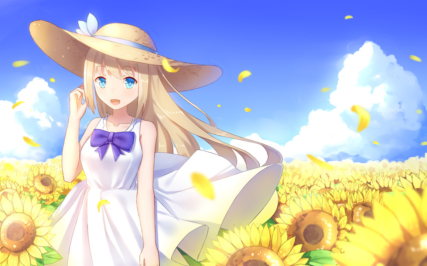 bare_arms bare_shoulders blonde_hair blue_eyes bow bowtie cloud commentary_request day dress flower hat highres ji_dao_ji lexington_(zhan_jian_shao_nyu) long_hair looking_at_viewer open_mouth outdoors sky straw_hat sun_hat sundress sunflower white_dress zhan_jian_shao_nyu