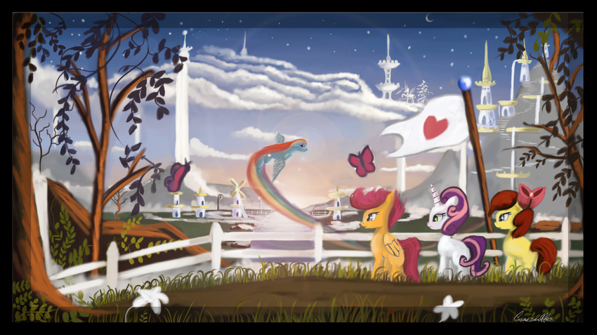 apple_bloom_(mlp) auroriia day detailed_background earth_pony equine fence feral flag flying friendship_is_magic grass green_eyes group hair hooves horn horse mammal multicolored_hair my_little_pony outside pegasus pink_hair pony purple_eyes purple_hair rainbow_dash_(mlp) rainbow_hair red_hair scootaloo_(mlp) sky standing sweetie_belle_(mlp) tree unicorn wings