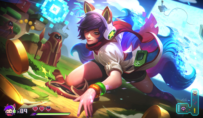 &gt;_&lt; ^_^ ahri alex_flores all_fours alternate_costume animal_ears arcade_ahri bad_artstation_id bad_id bangle black_shorts blue_eyes bracelet brown_gloves closed_eyes closed_mouth cloud coin controller dutch_angle fake_screenshot final_boss_veigar fox_ears fox_tail gloves glowing glowing_hand grass hair_over_one_eye handheld_game_console headphones health_bar heart highres holding holding_weapon hood jewelry joystick league_of_legends mole mole_under_eye multiple_tails nail_polish number official_art on_ground pixels polearm puffy_short_sleeves puffy_sleeves purple_hair purple_legwear purple_nails red_scarf robe scarf shirt short_shorts short_sleeves shorts single_thighhigh smile spear standing tail thighhighs veigar weapon white_shirt |_|