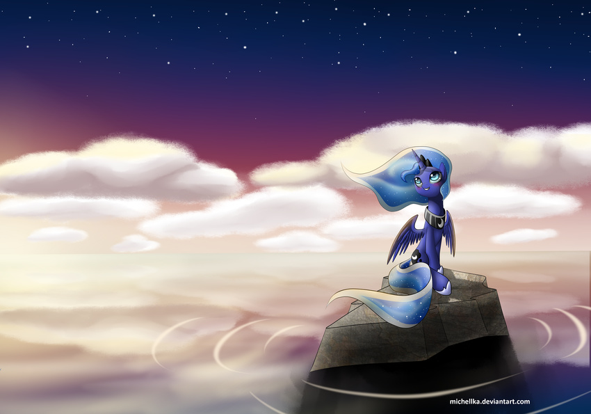 blue_eyes blue_feathers blue_hair cutie_mark equine feathered_wings feathers female feral friendship_is_magic hair hooves horn mammal michellka my_little_pony princess_luna_(mlp) sitting sky smile solo star starry_sky winged_unicorn wings