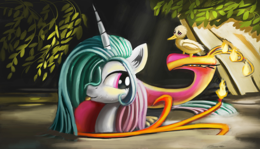 auroriia avian bird day detailed_background duck equine eyelashes feathered_wings feathers female feral friendship_is_magic fur hair horn mammal multicolored_hair my_little_pony partially_submerged philomena_(mlp) phoenix pink_eyes princess_celestia_(mlp) unicorn water white_fur wings