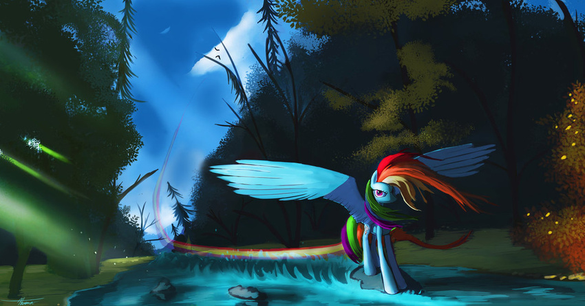 auroriia blue_feathers cutie_mark day detailed_background equine eyelashes feathered_wings feathers female feral forest friendship_is_magic hair hooves looking_at_viewer mammal multicolored_hair my_little_pony outside pegasus pink_eyes rainbow_dash_(mlp) rainbow_hair river sky solo standing tree water wings