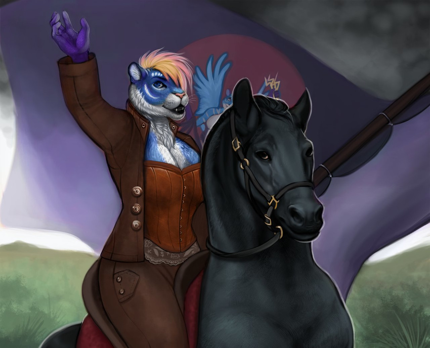 2013 5_fingers ambiguous_gender anthro archeus biped black_eyes black_fur black_lips blue_eyes blue_fur breasts bridle button_(clothing) chest_tuft cleavage clothed clothing corset day digital_media_(artwork) digital_painting_(artwork) duo equine feline female feral flag fur hair horse horse_riding jacket jeans lingerie logo mammal mohawk mountain multicolored_fur orange_hair outside pants quadruped raised_arm saddle shaded simple_background snout soft_shading spots spotted_fur theowlette tiger tiger_stripes tuft two_tone_fur whiskers white_fur white_spots