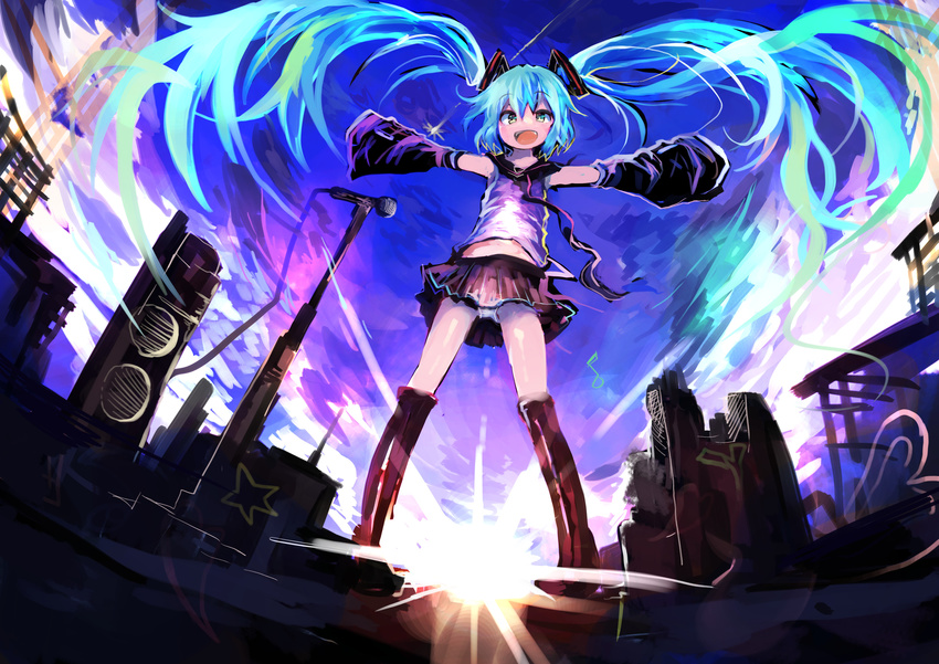 :d absurdres amplifier aqua_eyes aqua_hair black_footwear boots cable detached_sleeves hatsune_miku highres kaamin_(mariarose753) knee_boots long_hair looking_at_viewer microphone microphone_stand necktie open_mouth outstretched_arms panties pantyshot pantyshot_(standing) skirt sky sleeveless sleeves_past_wrists smile solo speaker standing sun sunlight twintails underwear upskirt very_long_hair vocaloid white_panties