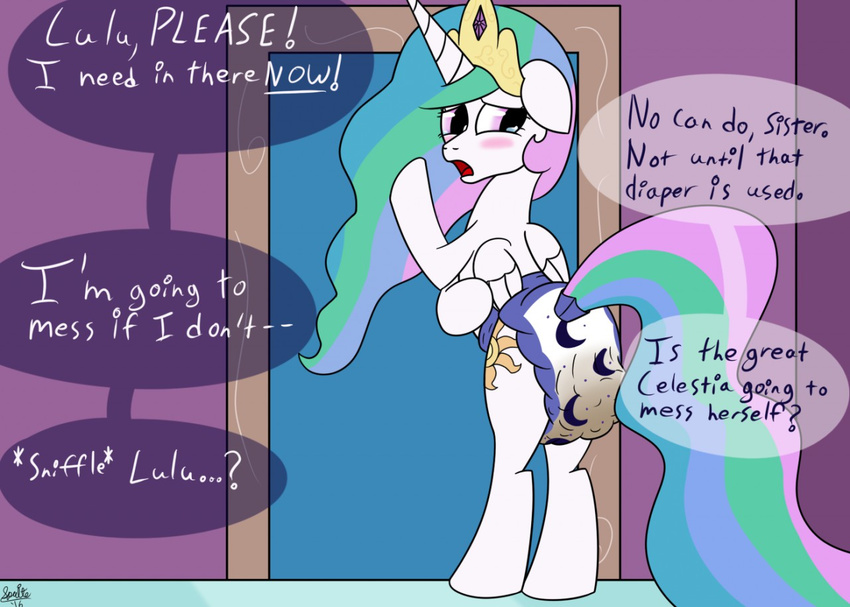 comic deparation dialogue diaper equine feces friendship_is_magic ft-sprite horse mammal my_little_pony omorashi pony pooping princess_celestia_(mlp) soiling