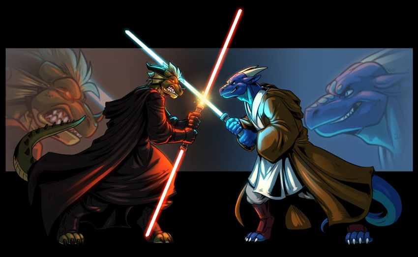 2012 4_toes 5_fingers anthro blowup_background blue_eyes blue_scales claws clothed clothing digital_media_(artwork) digitigrade dragon drakni duo ear_fins eye_contact fight fin glowing glowing_eyes green_scales grin holding_object holding_weapon horn jedi legwear lightsaber male melee_weapon neodokuro red_eyes robe scales scalie simple_background sith snarling socks spikes standing star_wars teeth tharis toe_claws toeless_socks toes weapon western_dragon