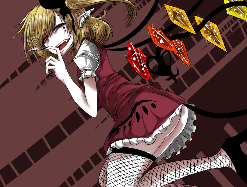 ass blonde_hair commentary_request ear_piercing earrings fang fingernails fishnet_legwear fishnets flandre_scarlet frilled_skirt frills jewelry laevatein laevatein_(tail) long_fingernails looking_at_viewer open_mouth piercing pointy_ears puffy_short_sleeves puffy_sleeves red_eyes red_skirt sei_no_ji short_sleeves side_ponytail skirt skirt_set smirk solo tail teeth thighhighs touhou vest wings