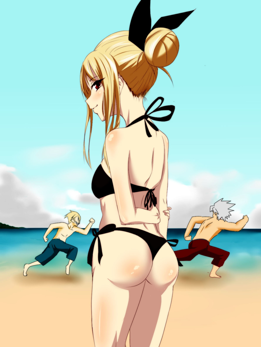 1girl 2boys alternate_hairstyle arc_system_works artist_request ass bare_shoulders bikini blazblue blonde_hair blush bra breasts chasing from_behind grey_hair hair_bun hair_ribbon kisaragi_jin looking_back multiple_boys panties rachel_alucard ragna_the_bloodedge red_eyes shiny shiny_hair shiny_skin short_hair short_hair_with_long_locks sideboob smile swimsuit