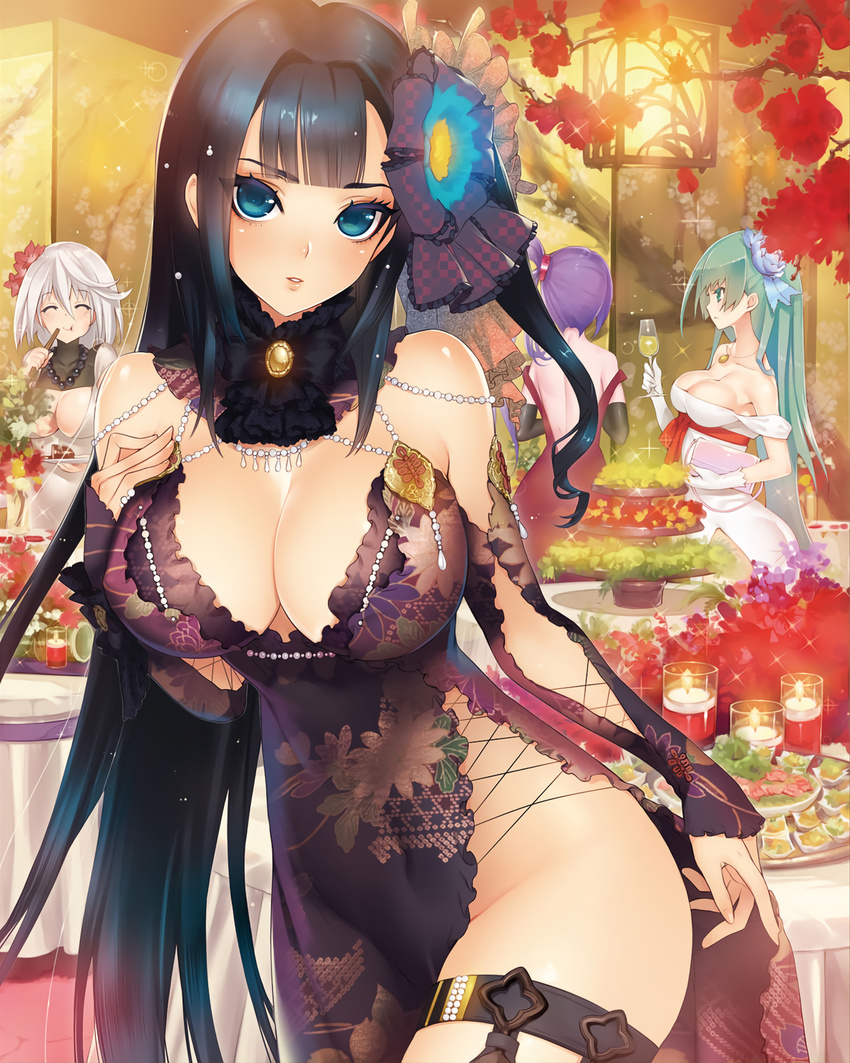 ^_^ artist_request black_gloves blue_eyes breasts buffet cleavage closed_eyes cowboy_shot dengeki_moeou detached_sleeves dress elbow_gloves glint gloves green_eyes groin hand_on_own_chest highres indoors jewelry large_breasts long_hair looking_at_viewer multiple_girls necklace no_bra no_panties one_side_up parted_lips purple_hair sengoku_bushouki_muramasa side_ponytail side_slit silver_hair thigh_strap very_long_hair white_dress white_gloves