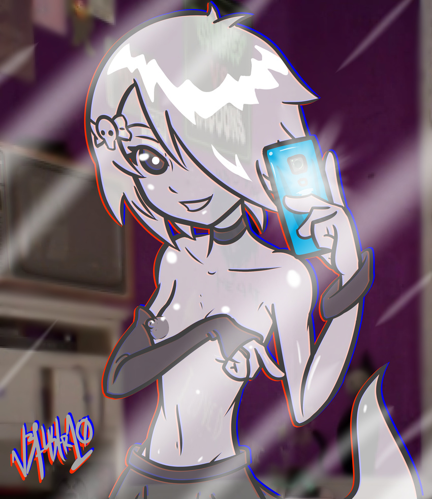 breasts carrie_krueger cartoon_network cellphone choker clothed clothing elbow_gloves female ghost gloves hair hair_over_eye mirror n3f4str10 nipples not_furry phone selfie skirt small_breasts smile solo spirit the_amazing_world_of_gumball topless young