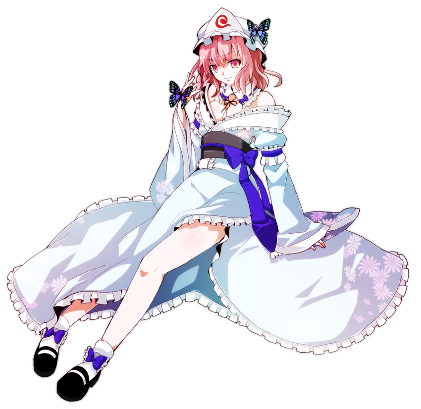 absurdres bad_id bad_pixiv_id bare_shoulders breasts cleavage full_body hat highres japanese_clothes legs medium_breasts off_shoulder pink_hair red_eyes ringpearl saigyouji_yuyuko short_hair solo touhou transparent_background