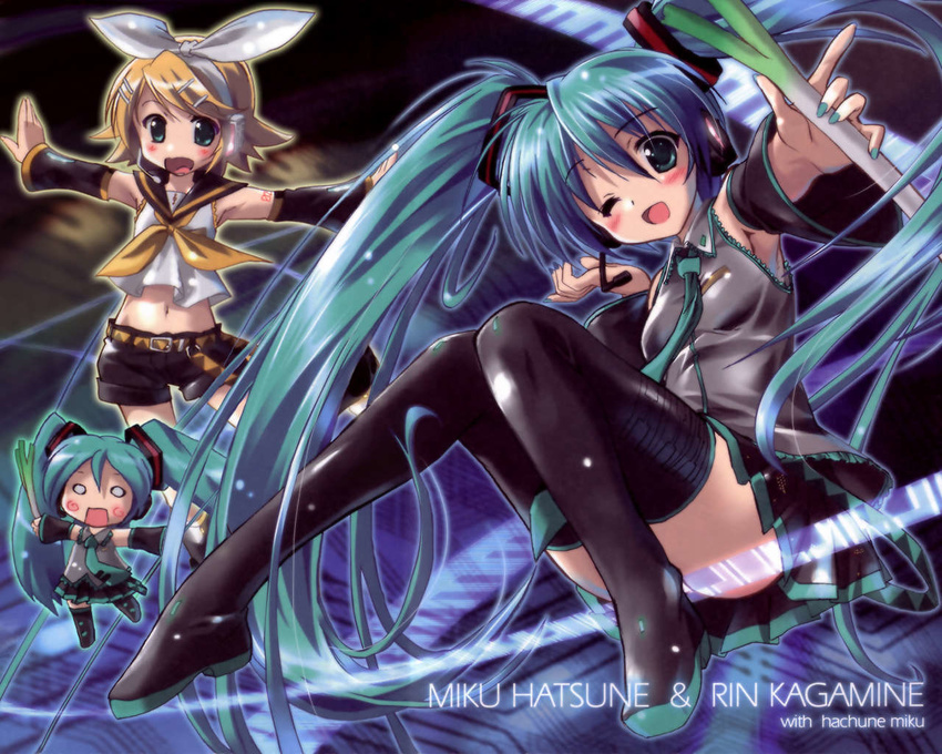 chibi hatsune_miku kagamine_rin komatsu_eiji leek thigh-highs vocaloid