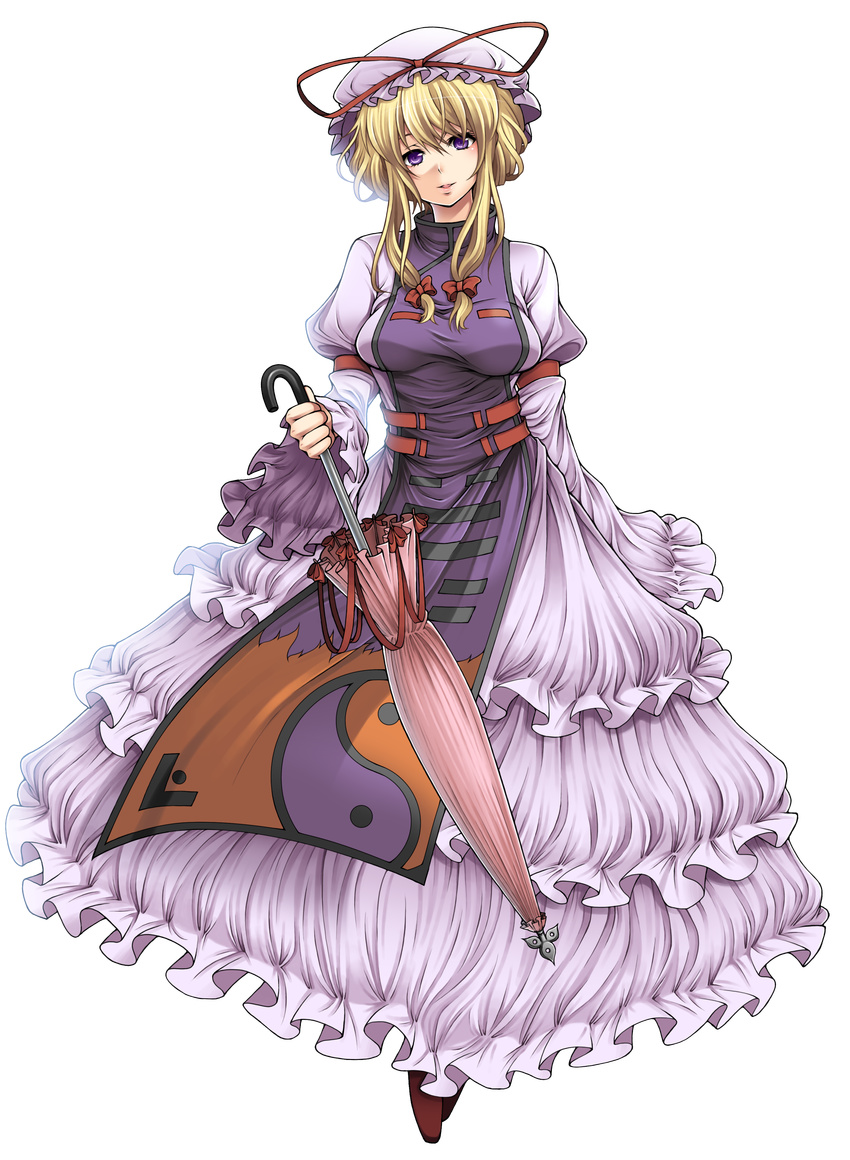 absurdres blonde_hair breasts der_junge full_body hat highres large_breasts long_hair parasol purple_eyes ribbon smile solo touhou transparent_background umbrella yakumo_yukari