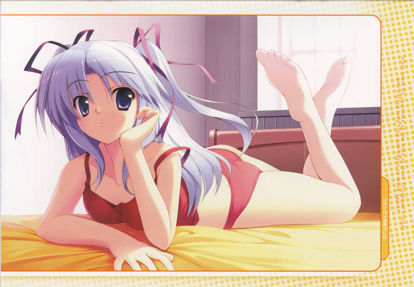 absurdres arisa_aix-les-bains arm_support barefoot bed blue_hair camisole colorful_aquarium highres kiba_satoshi long_hair lying panties purple_eyes ribbon soles solo twintails underwear