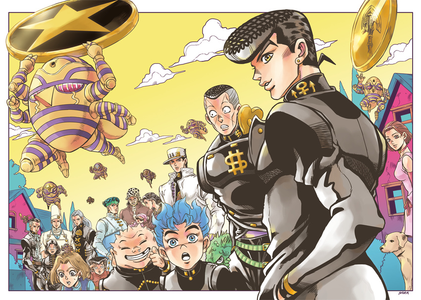 arnold_(jojo) arrow artist_name baby beard black_hair blue_eyes blue_hair border brooch chef chef_hat choker clenched_teeth cloud coin diamond_wa_kudakenai dog dollar_sign dress earrings everyone facial_hair fungami_yuuya gakuran green_hair grey_hair grin hands_in_pockets harvest_(stand) hat hazamada_toshikazu hazekura_mikitaka heart higashikata_jousuke hirose_kouichi house jewelry jojo_no_kimyou_na_bouken joseph_joestar kawajiri_hayato kishibe_rohan kobayashi_tamami kuujou_joutarou light_brown_hair long_coat long_hair missing_tooth multicolored_hair nijimura's_father nijimura_okuyasu nora_(act2) open_mouth outside_border pink_dress pointing pompadour round_teeth school_uniform shizuka_joestar signature silver_hair sketchbook sky smile snot stand_(jojo) star stud_earrings sugimoto_reimi sunglasses sweatdrop teeth tonio_trussardi tree turtleneck two-tone_hair white_border yamagishi_yukako yanguu_shigekiyo yellow_eyes yen_sign