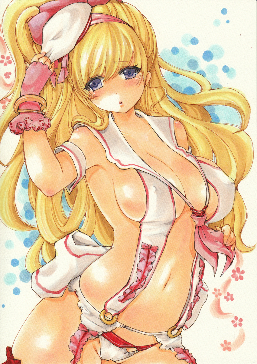 :o absurdres asahina_mirai blonde_hair blush breasts center_opening covered_nipples cure_miracle eyebrows eyebrows_visible_through_hair fingerless_gloves gloves highres long_hair looking_at_viewer mahou_girls_precure! marker_(medium) medium_breasts navel pink_gloves precure purple_eyes solo traditional_media yurun