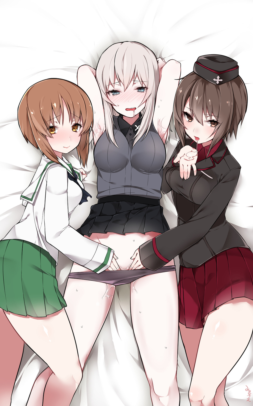 armpits black_jacket black_panties blouse blue_eyes blush breasts brown_eyes brown_hair fff_threesome fingering garrison_cap girl_sandwich girls_und_panzer green_skirt group_sex hat highres itsumi_erika jacket kuromorimine_military_uniform kuromorimine_school_uniform large_breasts long_hair long_sleeves looking_at_viewer medium_breasts military military_uniform mitsudoue multiple_girls neckerchief nishizumi_maho nishizumi_miho ooarai_school_uniform panties pleated_skirt pussy_juice red_skirt saliva sandwiched school_uniform serafuku short_hair siblings silver_hair sisters skirt sweat threesome tongue tongue_out underwear uniform white_blouse yuri