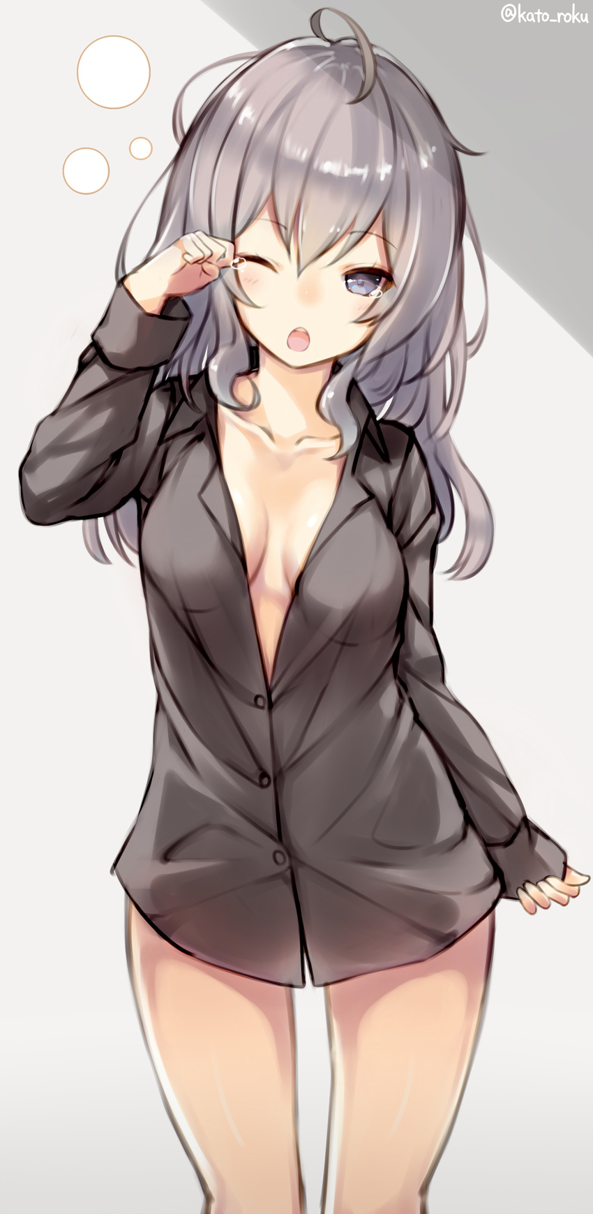 cleavage dress_shirt kantai_collection kashima_(kancolle) kato_roku no_bra open_shirt