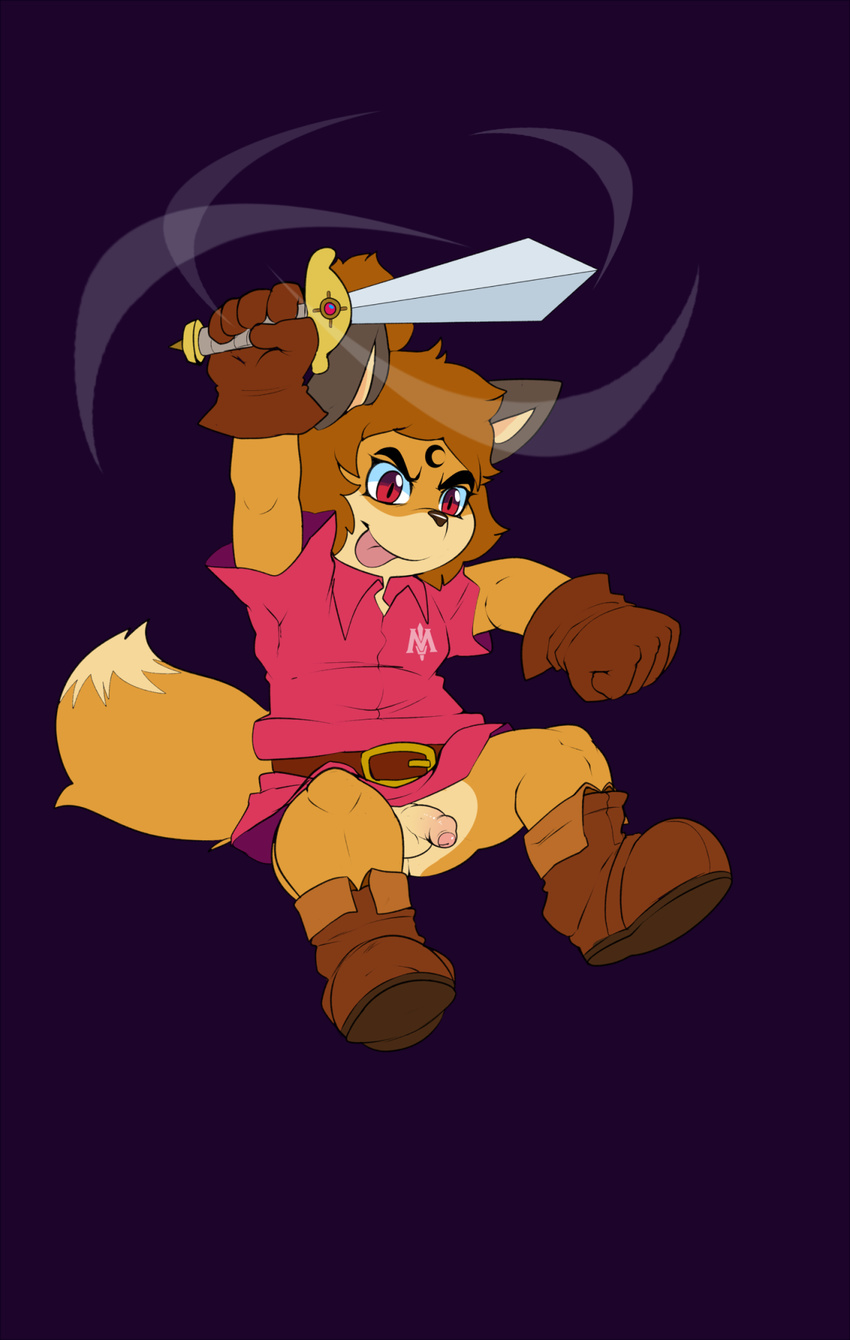 anthro balls belt boots bottomless canine clothed clothing eroborus flaccid flat_colors footwear fox front_view gloves humanoid_penis jumping kitsune_(ero) mammal melee_weapon partially_retracted_foreskin penis sword tongue tongue_out uncut weapon