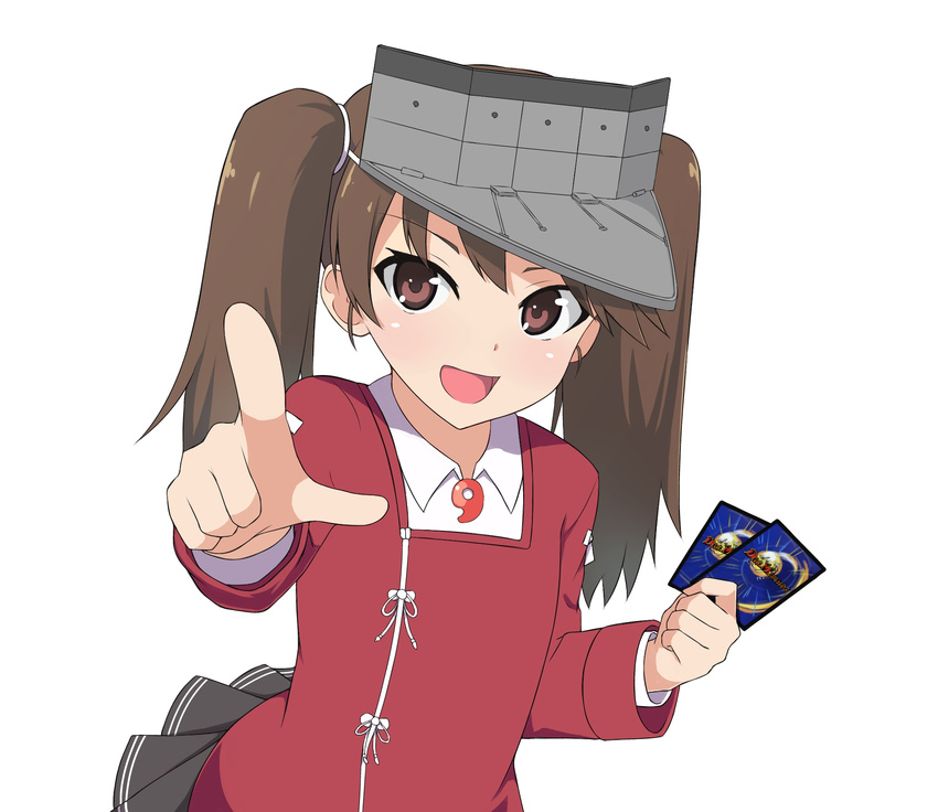 :d brown_eyes brown_hair card duel_masters highres holding japanese_clothes kantai_collection kariginu long_hair looking_at_viewer magatama nikonikosiro open_mouth pleated_skirt pointing pointing_at_viewer ryuujou_(kantai_collection) simple_background skirt smile solo twintails visor_cap white_background