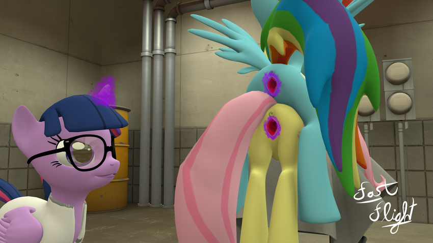 3d_(artwork) anus butt digital_media_(artwork) equine eyewear fastflight fluttershy_(mlp) friendship_is_magic glasses hooves horn horse magic mammal my_little_pony pegasus pony pussy rainbow rainbow_dash_(mlp) science source_filmmaker twilight_sparkle_(mlp) unicorn wings