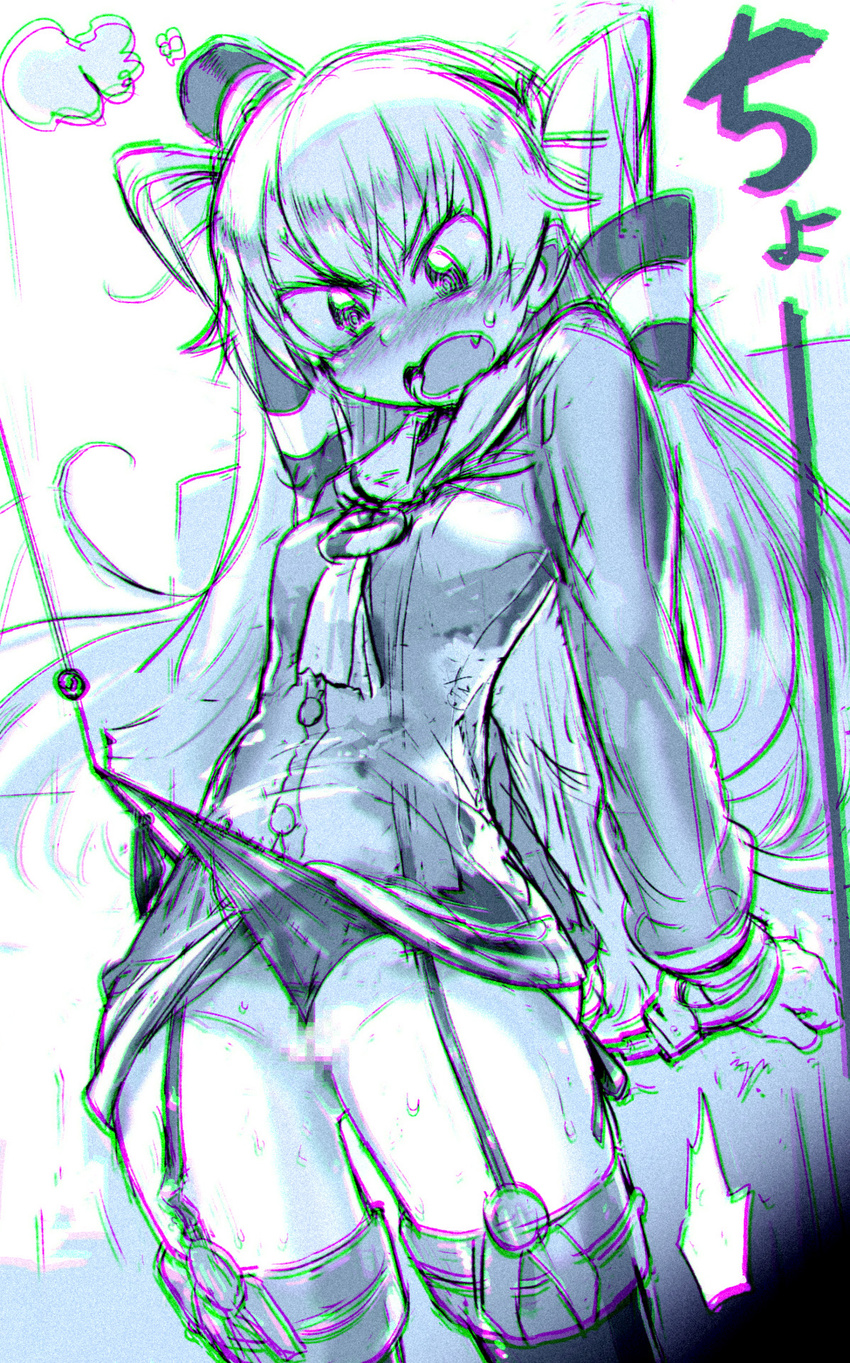 amatsukaze_(kantai_collection) arms_behind_back assisted_exposure blush censored chromatic_aberration cowboy_shot cuffs fishing_hook fishing_line garter_straps hade_na_kangofu handcuffs highres kantai_collection long_hair monochrome mosaic_censoring open_mouth panties panty_lift side-tie_panties solo thighhighs underwear