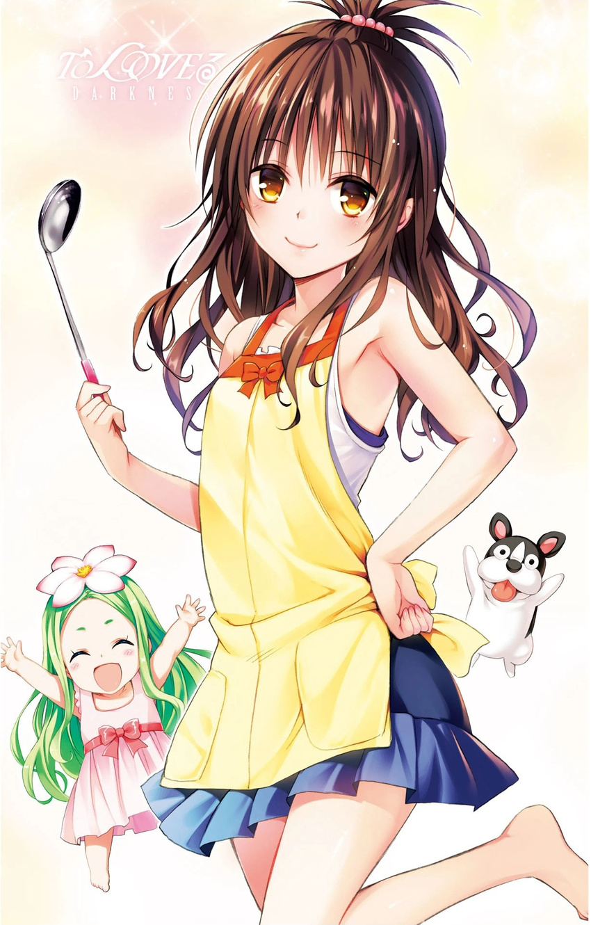 :d \o/ ^_^ apron arms_up bare_shoulders brown_eyes brown_hair celine closed_eyes copyright_name dog flower green_hair hair_bobbles hair_flower hair_ornament hand_on_hip highres ladle long_hair looking_at_viewer marron_(to_love-ru) multiple_girls open_mouth outstretched_arms smile to_love-ru to_love-ru_darkness yabuki_kentarou yellow_apron yuuki_mikan