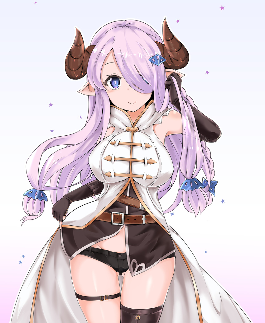 1girl absurdres bare_shoulders belt black_gloves black_legwear blue_eyes braid breasts cow_girl cow_horns elbow_gloves female fingerless_gloves gloves gradient_background granblue_fantasy hair_ornament hair_over_one_eye hairclip horns large_breasts long_hair looking_at_viewer narumeia_(granblue_fantasy) pointy_ears rumiya9i shorts simple_background smile solo standing thigh_gap thighhighs