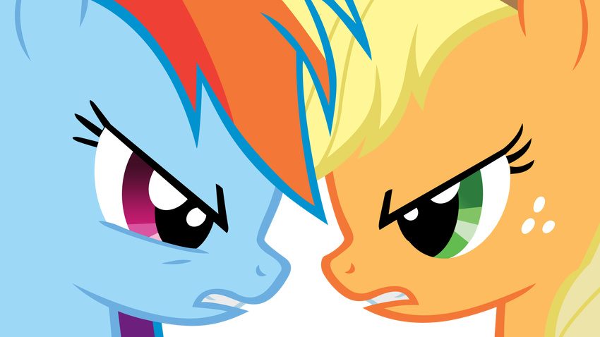 2011 alpha_channel angry anitech applejack_(mlp) blonde_hair blue_fur duo earth_pony equine eye_contact female feral freckles friendship_is_magic fur green_eyes hair horse mammal multicolored_hair my_little_pony orange_fur pony purple_eyes rainbow_dash_(mlp) rainbow_hair simple_background transparent_background