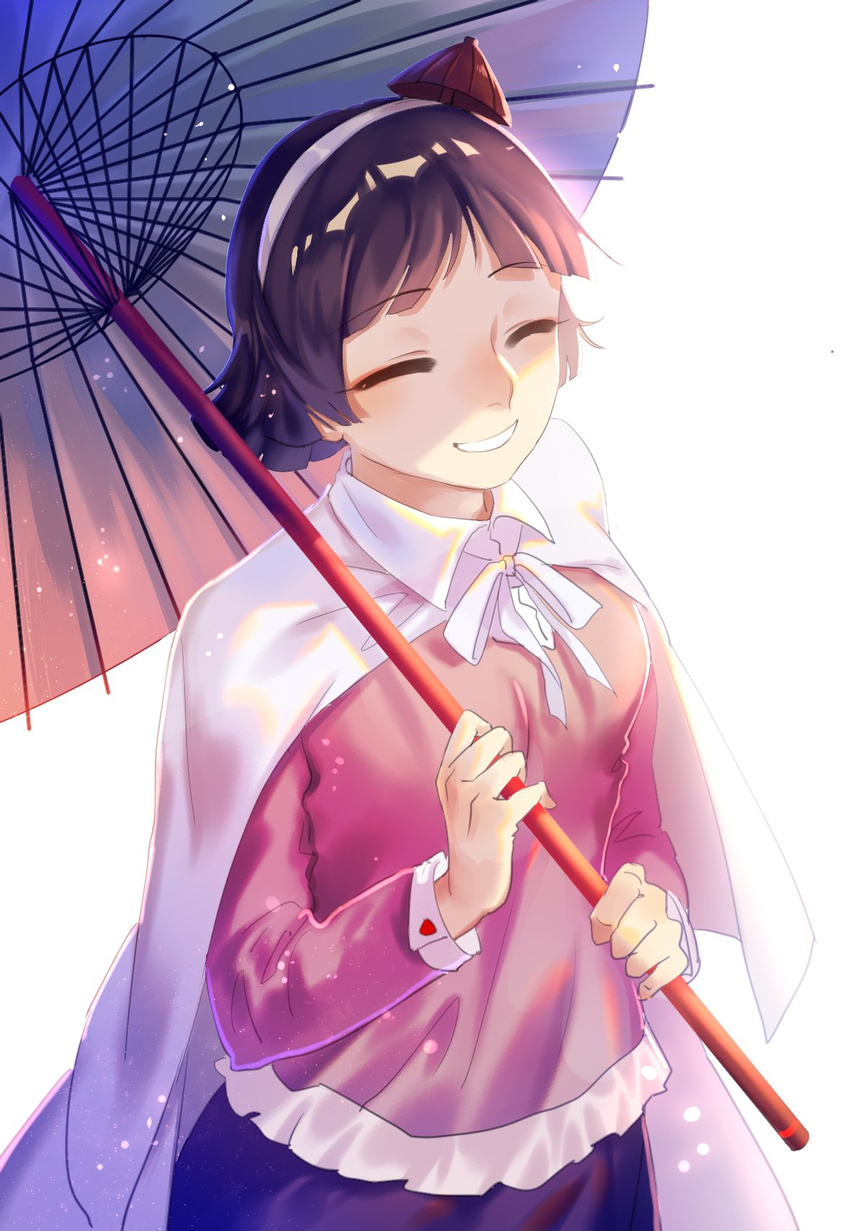 amanomiya_jun androgynous black_hair bow bowtie cape closed_eyes contemporary headset highres len'en short_hair smile solo umbrella wei_li