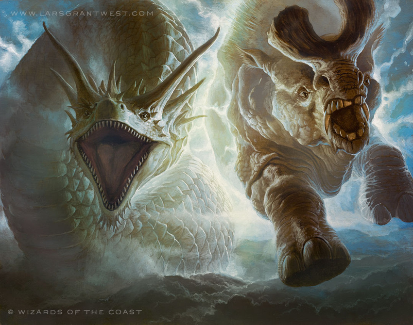ambiguous_gender backlit charging duo fangs feral front_view horn landscape lars_grant-west macro magic_the_gathering mammal official_art roaring sabertooth_(feature) scalie sharp_teeth signature teeth url wurm