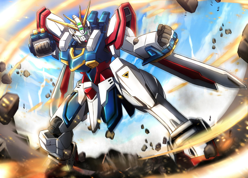 blue_sky clenched_hands cloud day fighting_stance g_gundam glowing glowing_eyes god_gundam green_eyes gundam highres machinery mecha no_humans robot rock sky solo super_robot