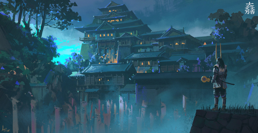 1other ambiguous_gender architecture armor banner battle_standard black_hair blue castle east_asian_architecture facing_away highres holding horned_headwear japanese_armor katana ling_xiang long_hair night night_sky original outdoors sashimono sheath sheathed signature sky solo standing sword tree weapon wide_shot