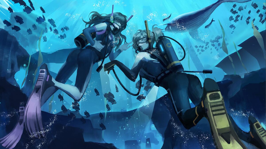 air_bubble animal ass bad_id bad_twitter_id blonde_hair bodysuit breasts brown_hair bubble d.va_(overwatch) diving diving_mask diving_mask_on_eyes diving_regulator facepaint facial_mark fish flippers from_behind gloves goggles hair_ornament hair_tie light_rays long_hair looking_at_viewer looking_back medium_breasts mercy_(overwatch) mo_(ine_mao) multiple_girls ocean overwatch ponytail scuba scuba_gear scuba_tank skin_tight snorkel sunlight underwater watch water weight_belt wetsuit whale whisker_markings