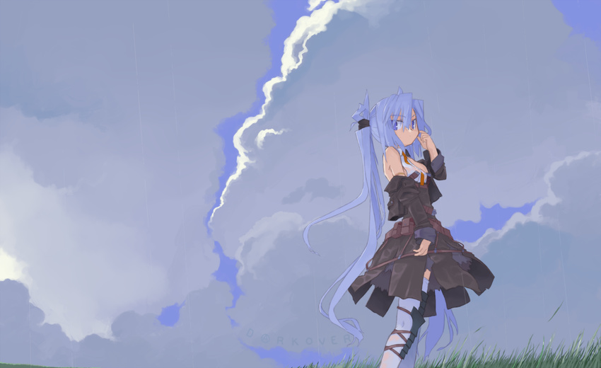 armlet bare_shoulders belt belt_pouch blue_eyes blue_hair cloud cloudy_sky dress eyebrows eyebrows_visible_through_hair from_side grass hair_ribbon highres jacket knee_pads long_hair looking_at_viewer mof mof's_silver_haired_twintailed_girl necktie off_shoulder orange_neckwear original pouch rain ribbon scratching_cheek see-through sky sleeveless solo thighhighs twintails very_long_hair wet white_legwear