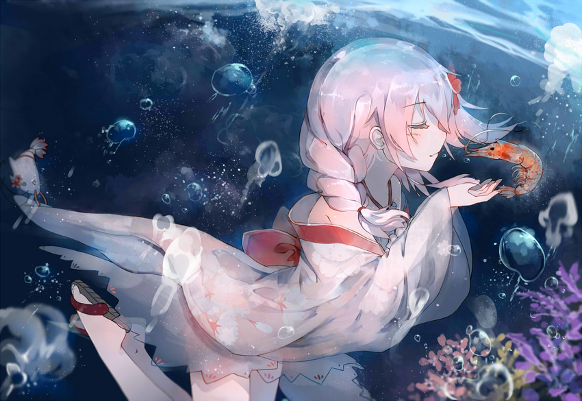 blush braid bubble closed_mouth coral cupping_hands dutch_angle flower from_side hair_flower hair_ornament highres ivy1993 japanese_clothes kimono long_hair parted_lips pink_hair profile sandals sergestid_shrimp_in_tungkang shrimp single_braid underwater water xuan_ying