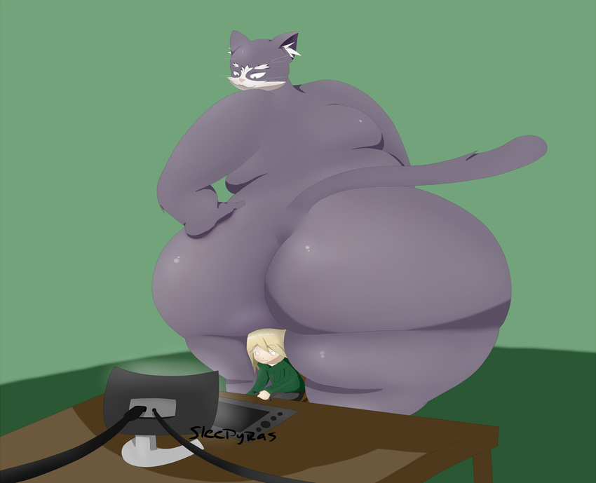 2016 absurd_res anthro belly big_belly big_butt butt cat computer digital_media_(artwork) duo feline fur grey_fur hi_res human log_horizon looking_back low-angle_view male male/male mammal nude nyanta obese overweight overweight_male size_difference sleepyras slightly_chubby