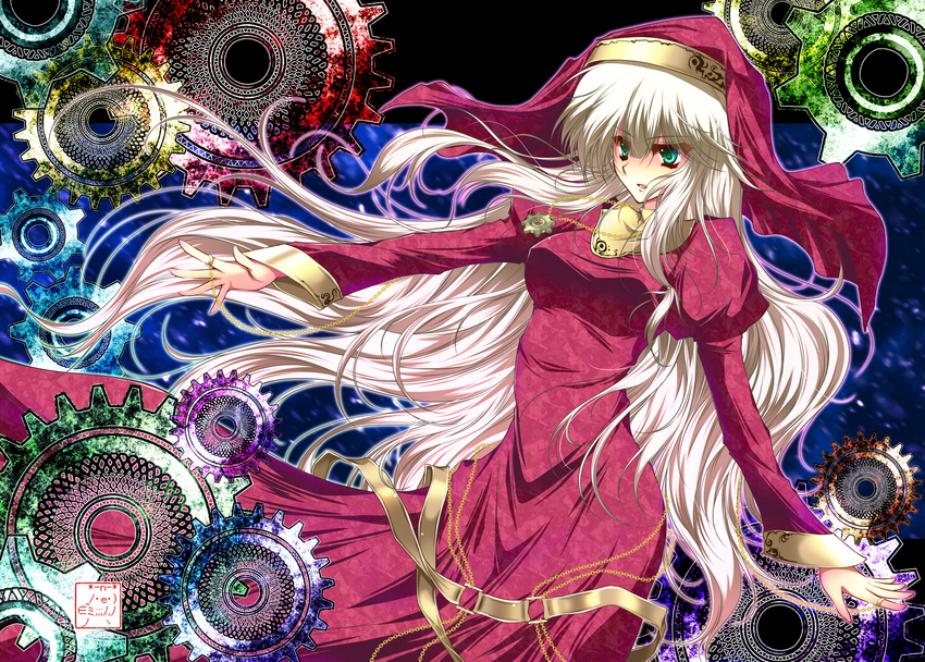 blonde_hair commentary_request danshaku gears green_eyes highres jewelry necklace nun original parted_lips puffy_sleeves solo wide_sleeves wind