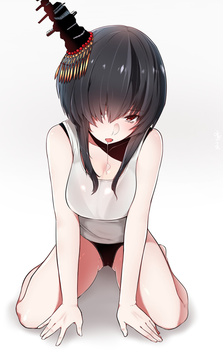 arm_support ass_visible_through_thighs black_bra black_hair black_panties bra breasts cleavage hair_over_one_eye highres kantai_collection large_breasts leaning_forward mitsudoue no_pants panties red_eyes saliva see-through short_hair_with_long_locks sitting solo underwear wariza yamashiro_(kantai_collection)