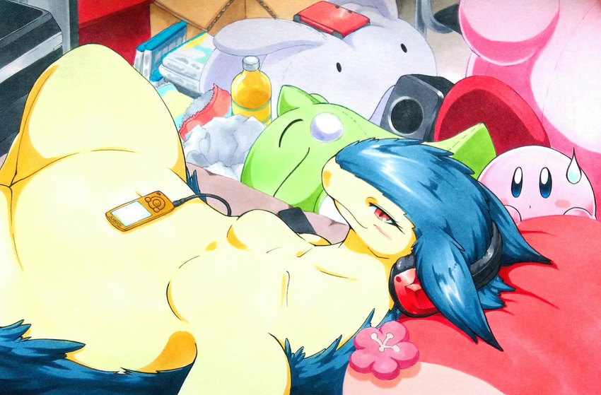 025aki 3ds blush breasts busty_feral crossover eyelashes featureless_breasts featureless_crotch female feral goomy headphones inside kirby kirby_(series) looking_at_viewer nintendo plushie pok&eacute;mon portable_music_player red_eyes slightly_chubby smile substitute sweat sweatdrop typhlosion video_games wide_hips